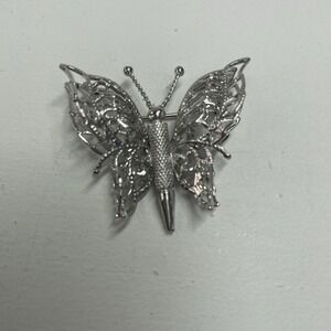 Vtg Monet Butterfly Brooch Ornate Filigree Silver Tone Signed Lapel Textured Pin